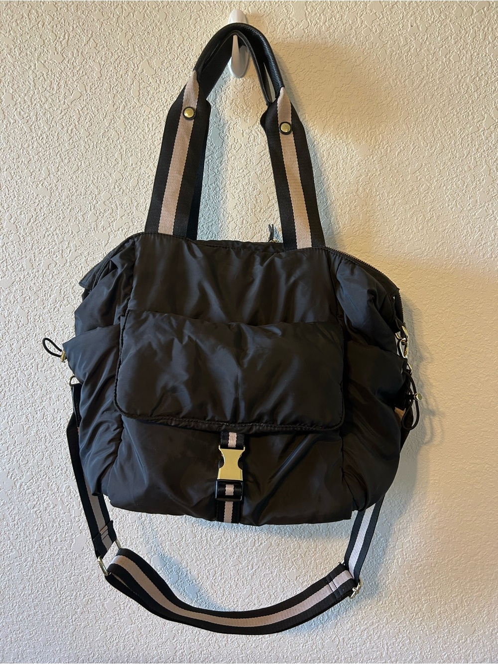 Black Quilted Nylon Tote Bag with Striped Strap - Picture 2 of 11